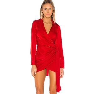 Superdown Sophie Draped Mini Dress Red Satin Plunging Neckline Long Sleeve